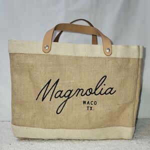 Magnolia Script Market Tote Apolis Global Citizen Burlap Natural Leather Handles